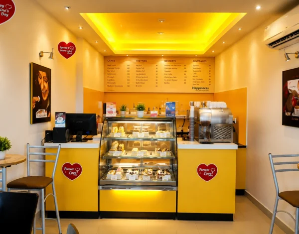 Modern café and bakery interior designed by Grand Archinex with contemporary lighting, elegant display counters, and premium commercial interiors.